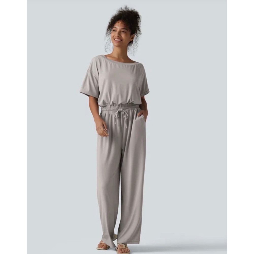 Halara Cowl Neck Open Back Wide Leg Jumpsuit Taupe Medium Tall NWT